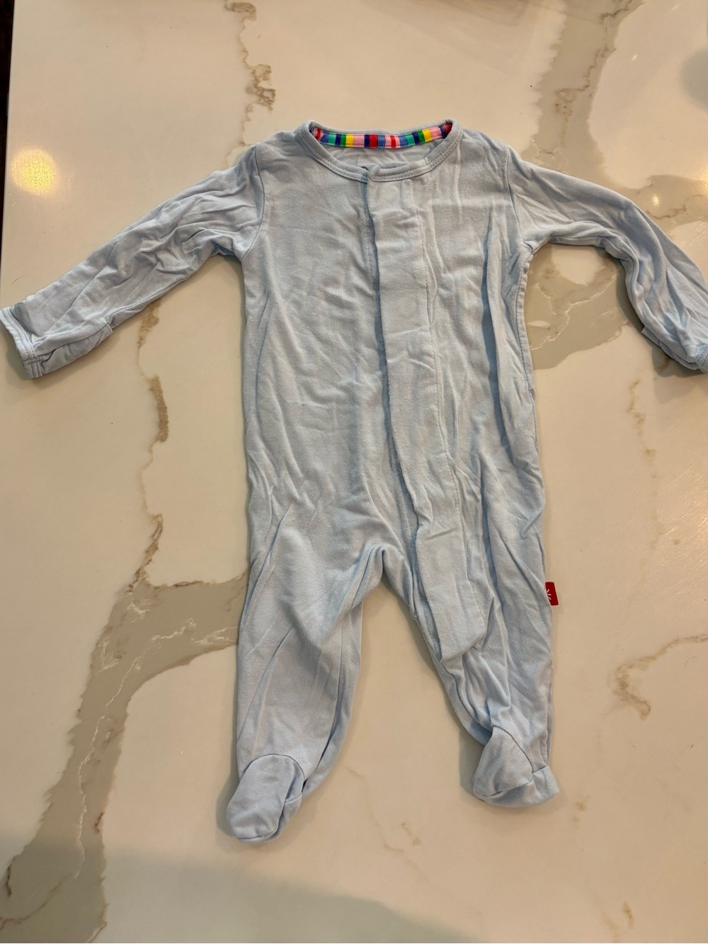 Magnetic Me Pale Blue Footed Pajamas with Rainbow Neck Trim